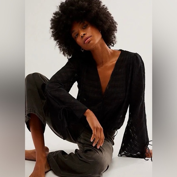 Free People Tops - Free People Intimately Check Sheer Cinch Sleeve Bodysuit Black